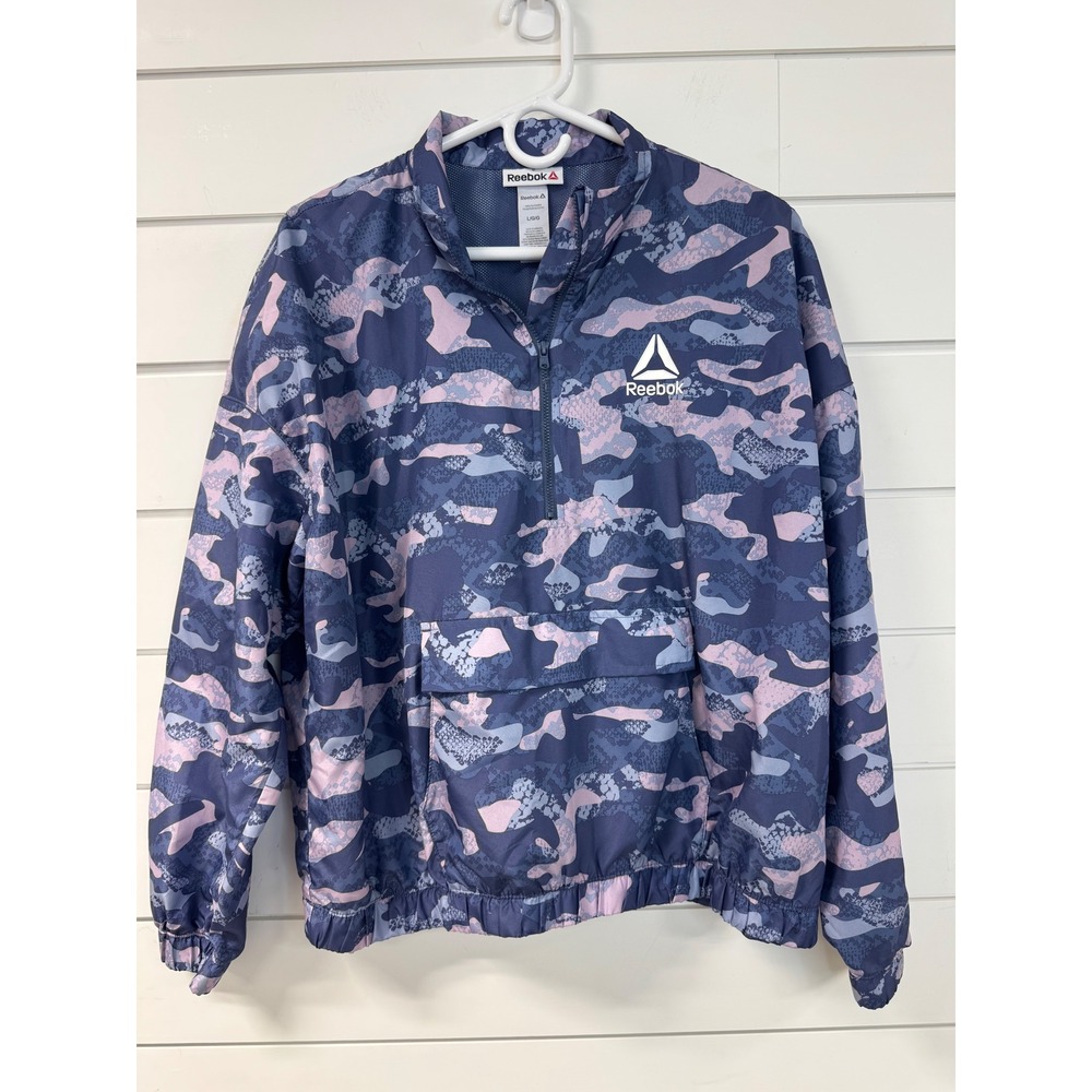 Reebok Womens 2 Piece Set Camo Snakeskin Quarter Zip Windbreaker Leggings Blue L